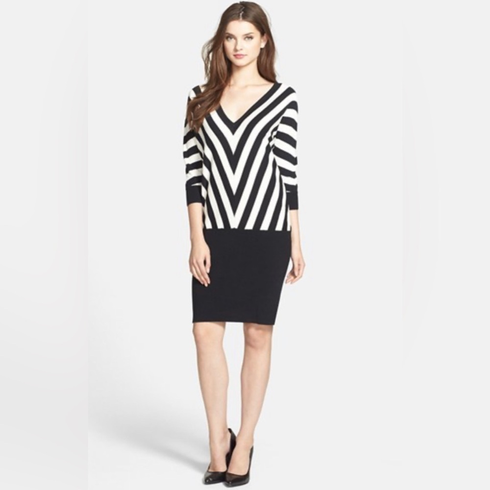 Trina Turk V-Neck Striped Cotton Mini Sweater Dress Black White Size P / XS